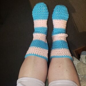 Cozy Striped Women's Slipper Socks in Blue and Pink